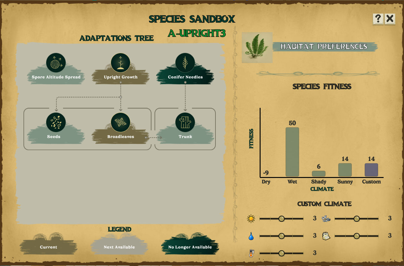 The species sandbox: an adaptations tree beside a habitat fitness chart